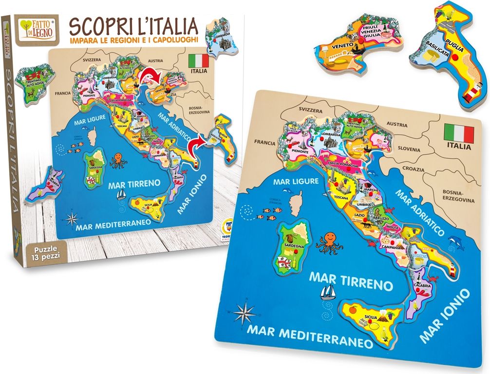 Merchandising Teorema: Scopri L'Italia Puzzle Legno Con 13 Pz Staccabili 30x30x1 Cm